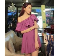 新款韓版一字領連衣裙(紫色) J-10970