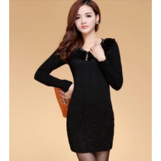 新款加絨修身蕾絲連衣裙(黑色) J-12080