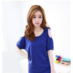 露肩鏤空蝴蝶結短袖T恤(藍色)  J-12562