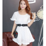 韓國新款披肩袖蕾絲短袖連衣裙(白) J-11996