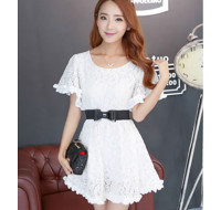 韓國新款披肩袖蕾絲短袖連衣裙(白) J-11996
