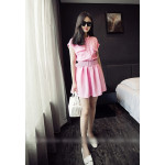 韓版口袋腰帶純色連衣裙(粉色) J-11278