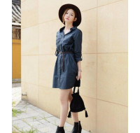 簡約氣質純色長款襯衣 | 連衣裙 | 含腰帶(藏青色) J-12175