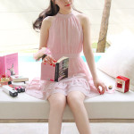 甜美無袖仙女荷葉邊繫帶雪紡連衣裙(粉色) J-13818