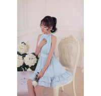 甜美無袖仙女荷葉邊繫帶雪紡連衣裙(藍色) J-13819