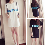 韓國短袖中長款字母T時尚連衣裙(白色) J-13286