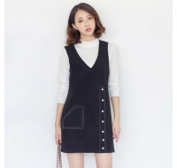 韓國東大門無袖毛呢連衣裙寬鬆V領(黑色) J-12921
