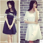 韓版時尚蕾絲花邊拼接設計收腰顯瘦連衣裙(白色) J-13181