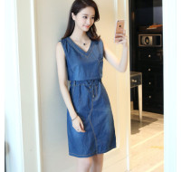 韓版無袖V領中長款A字牛仔裙牛仔連衣裙(藍色) J-13727