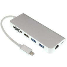 環保包裝多功能TYPE-C轉USB3.0 HUB VGA HDMI RJ45網卡(顏色隨機) J-14659