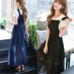 2018韓版韓國東大門時尚背帶長款裙子雪紡連衣裙(深藍色) J-13243