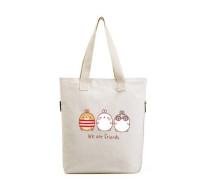 潮牌大容量帆布袋手提包袋單肩包手提袋拉鍊袋環保袋(三隻兔子米白色) J-13449