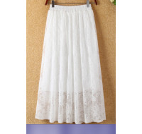 甜美百搭鬆緊腰高腰顯瘦蕾絲網紗半身裙長裙(白色) J-13074