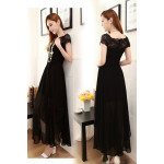 韓版名媛氣質無袖修身蕾絲連衣裙禮服大擺長裙(XL)(黑色) J-13307