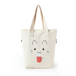 韓版學生帆布包手提大容量購物袋文藝女包單肩(米白貓咪) J-13644