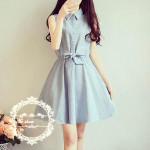 韓版時尚格子印花 無袖鬆緊腰連衣裙(藍色) J-12530