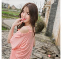 簡約露肩連袖寬鬆T恤(粉色) J-12540