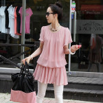 韓版時尚純色荷葉邊下擺雪紡裙連衣裙(粉色) J-12348