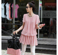 韓版時尚純色荷葉邊下擺雪紡裙連衣裙(粉色) J-12348