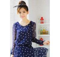韓版雪紡甜美波點連衣裙(深藍) J-11753