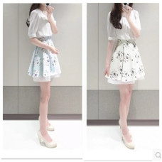 品名: 韓版假兩件名媛套裝短袖雪紡小香風裙子連衣裙(米白色) J-13401 全新 G-974