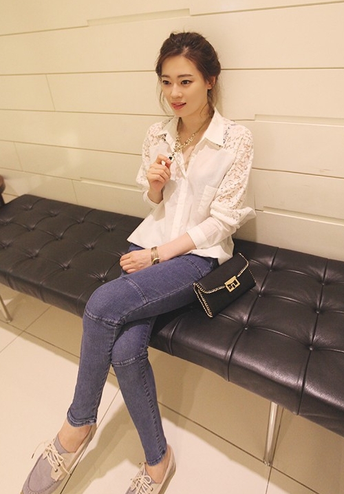 韓版休閒蕾絲雪紡長袖襯衫(白)