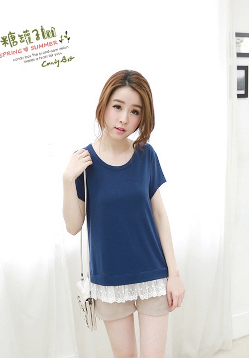 韓版蕾絲純色棉衫(藍色)