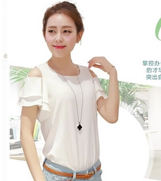 甜美圓領露肩荷葉袖雪紡上衣(白) YI206981431