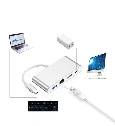 環保包裝Type-c轉HDMI四合一轉換器RJ45網卡hub集線器HDMI/PD充電/USB HUB