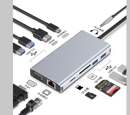 11合一 Hub轉接器 轉USB3.0｜USB C｜HDMI｜VGA｜RJ45 網路線｜SD｜TF多功能集線器(顏色隨機)