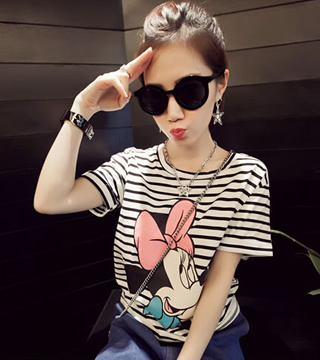 韓版迪士尼可愛米妮顯瘦條紋短袖女T恤(單色條紋)