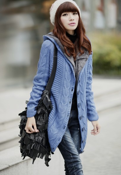 韓版新款中長款加厚連帽開衫加絨保暖毛衣外套女(藍色)